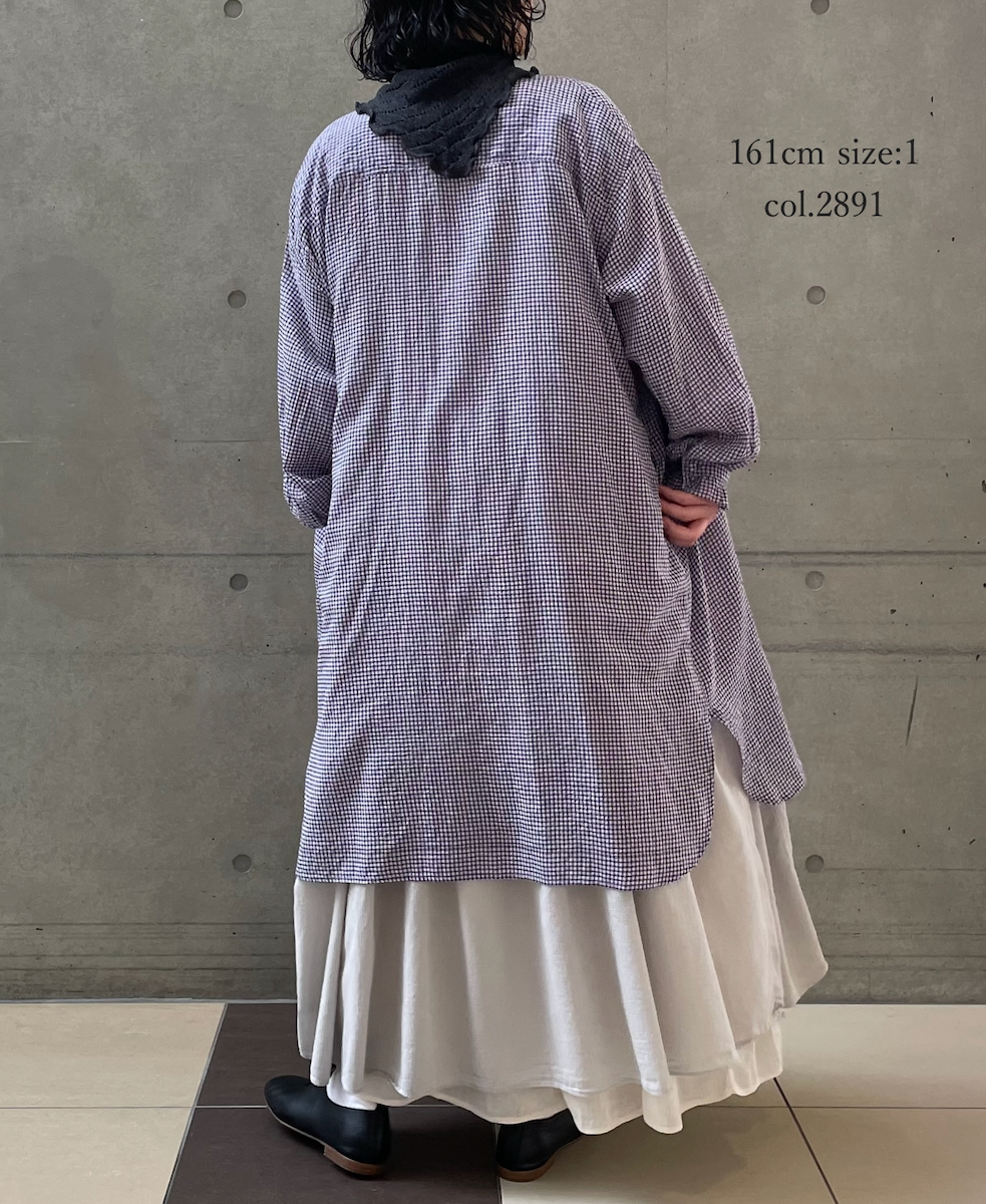 INMDS26023(シャツ) HANDWOVEN COTTON/SILK GINGHAM CHECK FRILL COLLAR LONG SHIRT