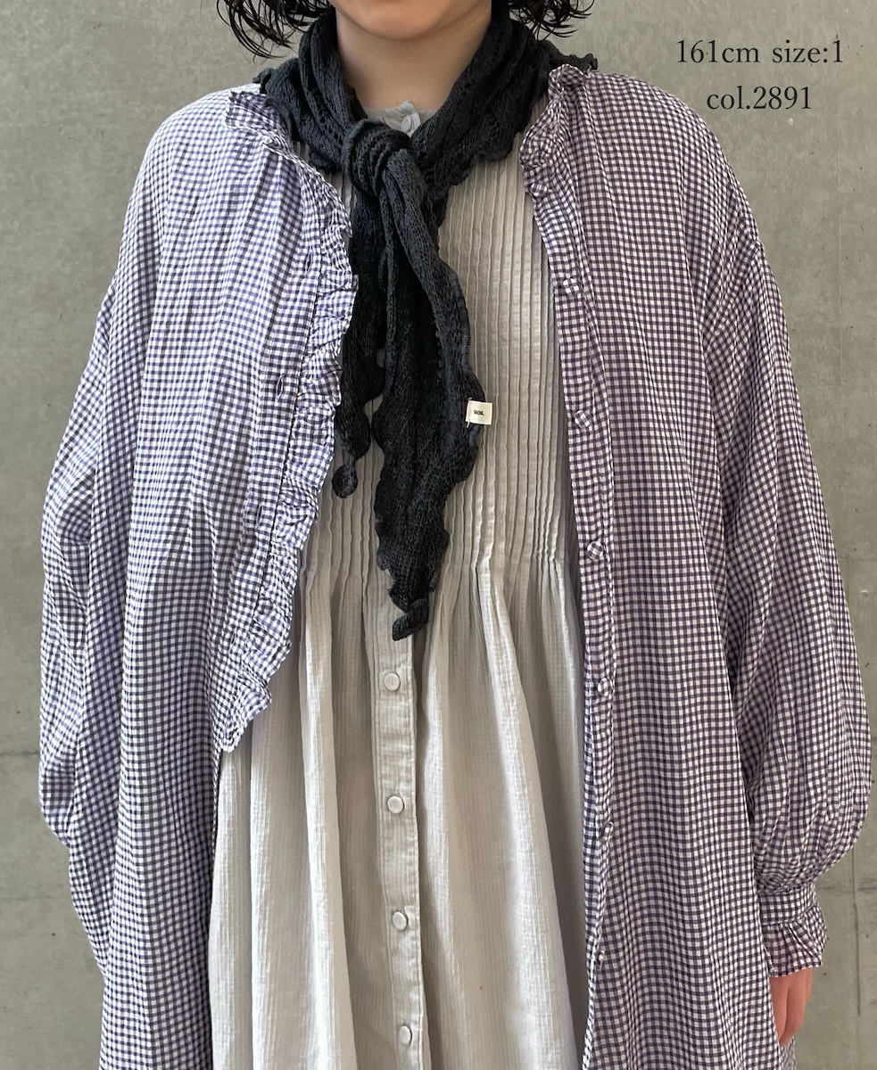 INMDS26023(シャツ) HANDWOVEN COTTON/SILK GINGHAM CHECK FRILL COLLAR LONG SHIRT