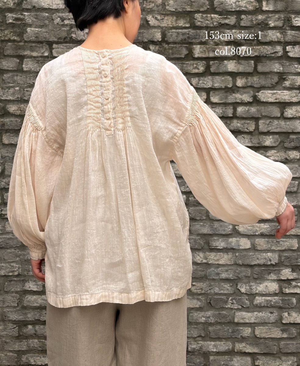 INMDS25012D(シャツ) 60s AUTO LOOM LINEN/COTTON PLAIN(OVERDYE) BACK OPENING CREW-NECK SHIRTS WITH MINI PINTUCK