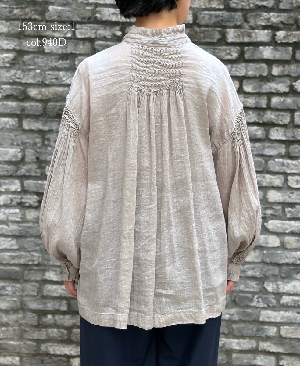 INMDS25011D(シャツ) 60s AUTO LOOM LINEN/COTTON PLAIN(OVERDYE) FRILL COLLAR SHIRTS WITH MINI PINTUCK