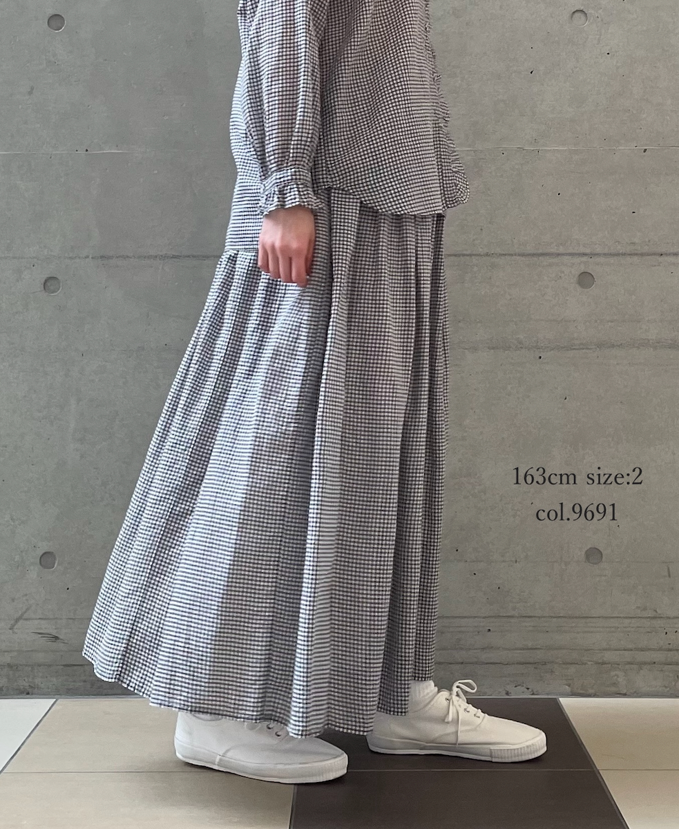 INMDS26026(スカート) HANDWOVEN COTTON/SILK GINGHAM CHECK GATHERERD SKIRT