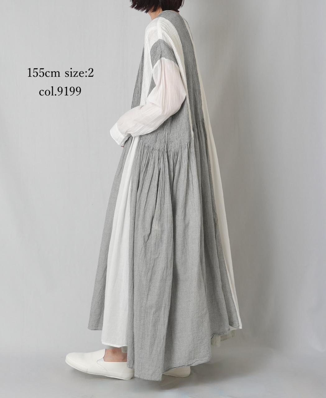 INMDS26112W(ワンピース) HANDWOVEN COTTON SINGLE CHECK PATCHWORK(WASHED) BALL BUTTON SHIRTS DRESS WITH MINI PINTUCK