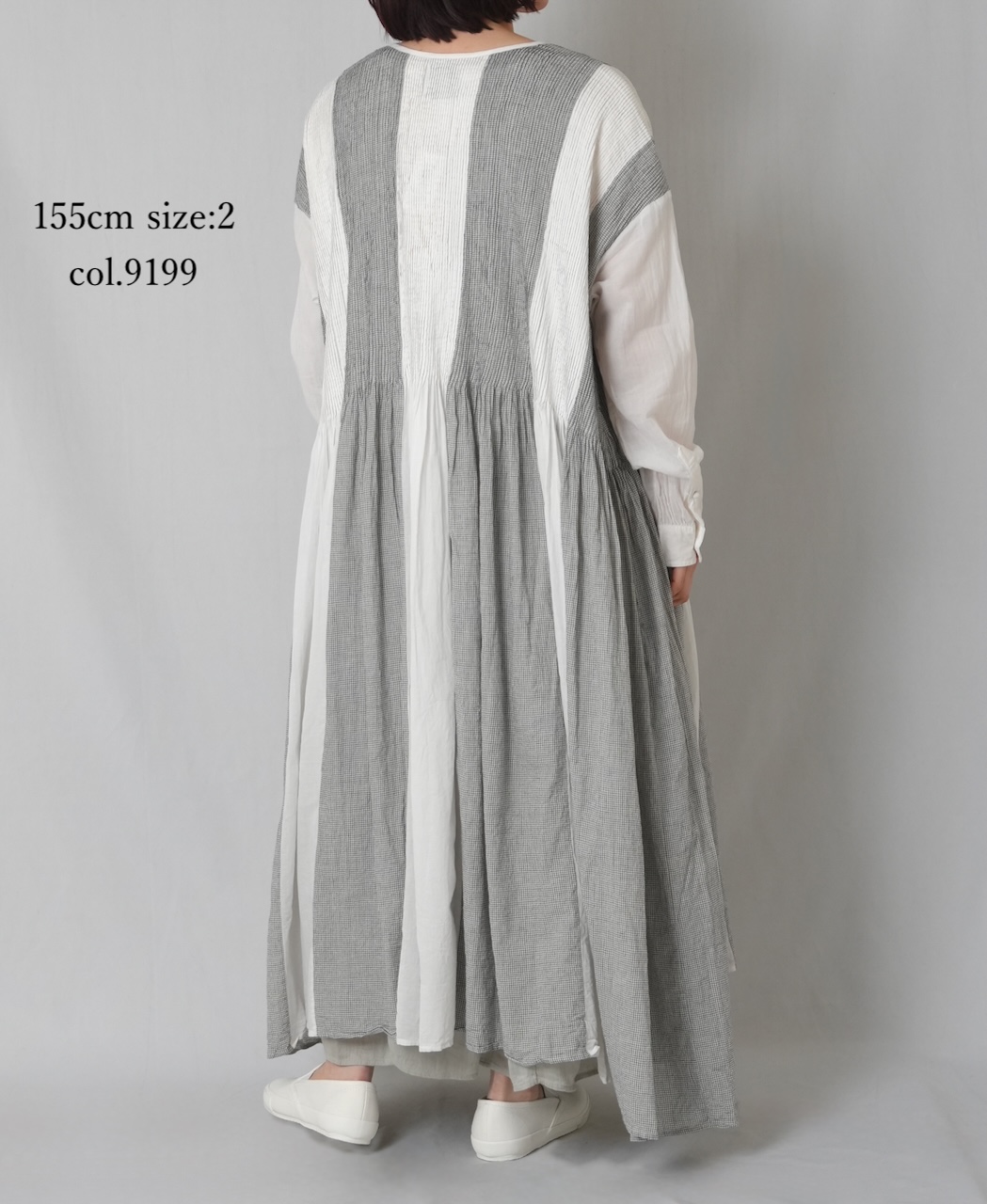 INMDS26112W(ワンピース) HANDWOVEN COTTON SINGLE CHECK PATCHWORK(WASHED) BALL BUTTON SHIRTS DRESS WITH MINI PINTUCK