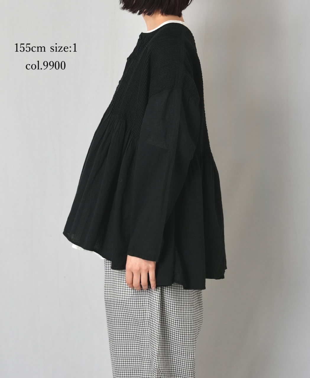 NMDS26233D(シャツ) 80s ORGANIC MICRO CHECK OVERDYE CREW-NECK BUTTON SHIRT WITH MINI PINTUCK