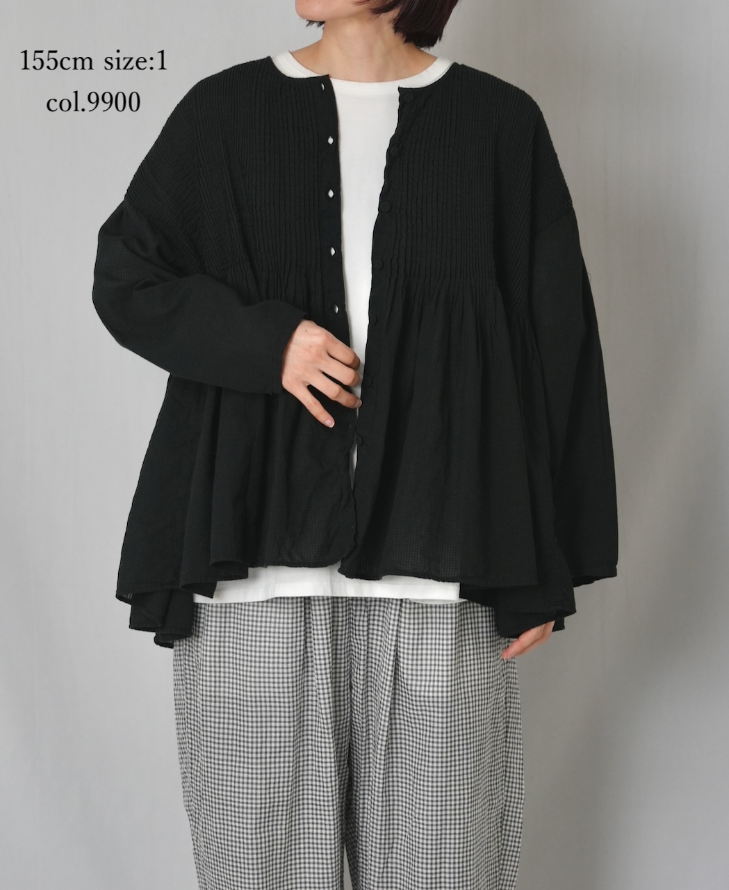 NMDS26233D(シャツ) 80s ORGANIC MICRO CHECK OVERDYE CREW-NECK BUTTON SHIRT WITH MINI PINTUCK