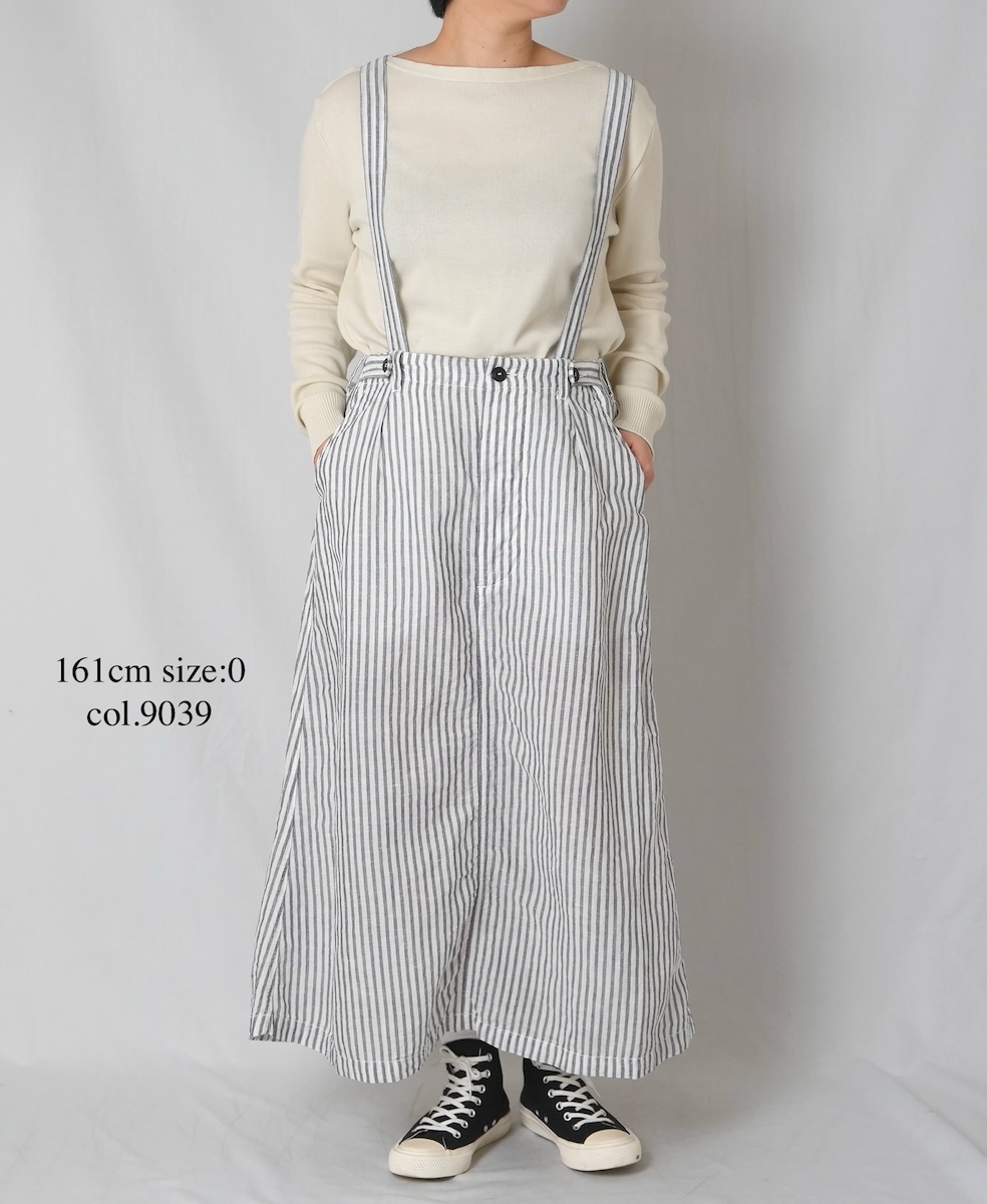 ISNAM2611S(スカート) LINEN COTTON STRIPE ADJUSTER TACK SKIRT WITH SUSPENDERS