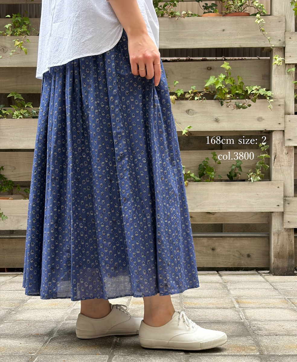 NMDS26254(スカート) 80s VOILE SMALL GENTIANA BLOCK PRINT GATHERED SKIRT WITH LINING