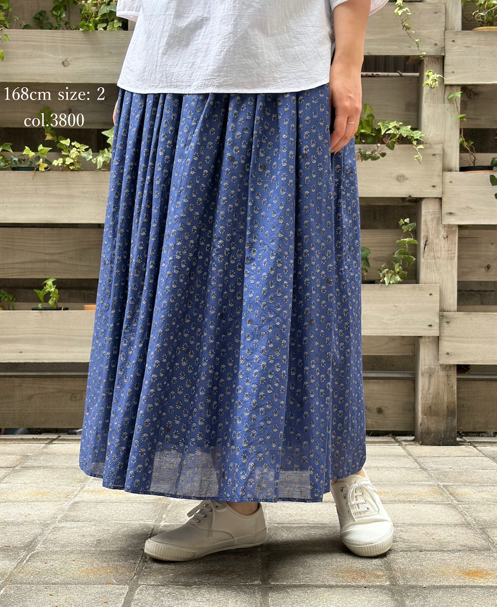 NMDS26254(スカート) 80s VOILE SMALL GENTIANA BLOCK PRINT GATHERED SKIRT WITH LINING