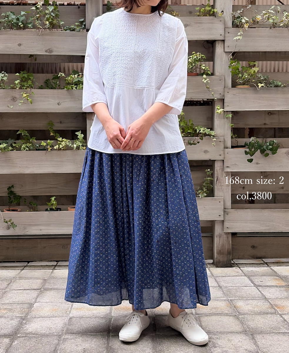 NMDS26254(スカート) 80s VOILE SMALL GENTIANA BLOCK PRINT GATHERED SKIRT WITH LINING