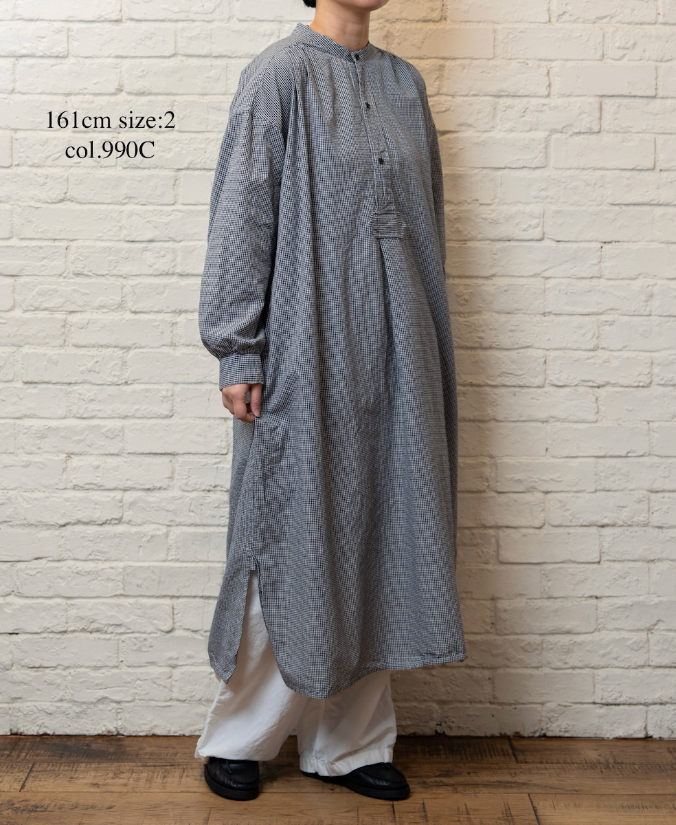 INAM2633C(ワンピース) SEERSUCKER GINGHAM CHECK WASH WORK GATHERED BANDED COLLAR DRESS SHIRT