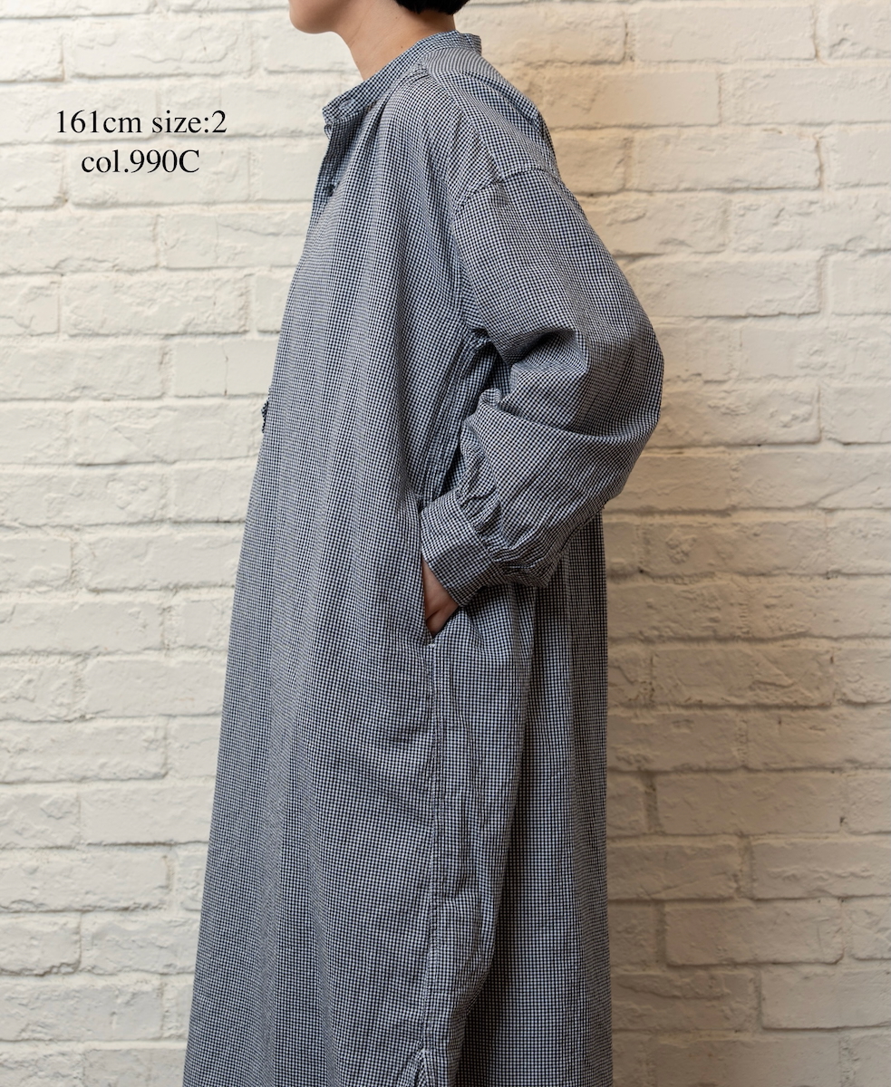 INAM2633C(ワンピース) SEERSUCKER GINGHAM CHECK WASH WORK GATHERED BANDED COLLAR DRESS SHIRT