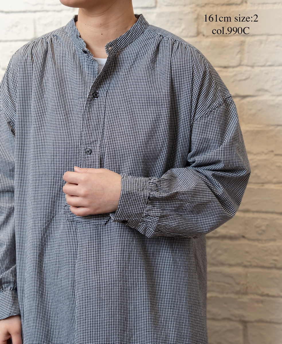 INAM2633C(ワンピース) SEERSUCKER GINGHAM CHECK WASH WORK GATHERED BANDED COLLAR DRESS SHIRT