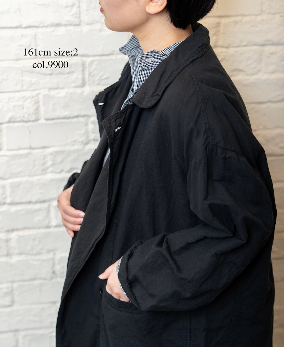 ISNAM2602D(ロングジャケット) LINEN COTTON PLAIN OVERDYE ROUND COLLAR DOUBLE LONG JACKET