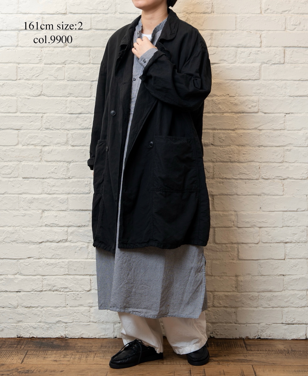 ISNAM2602D(ロングジャケット) LINEN COTTON PLAIN OVERDYE ROUND COLLAR DOUBLE LONG JACKET