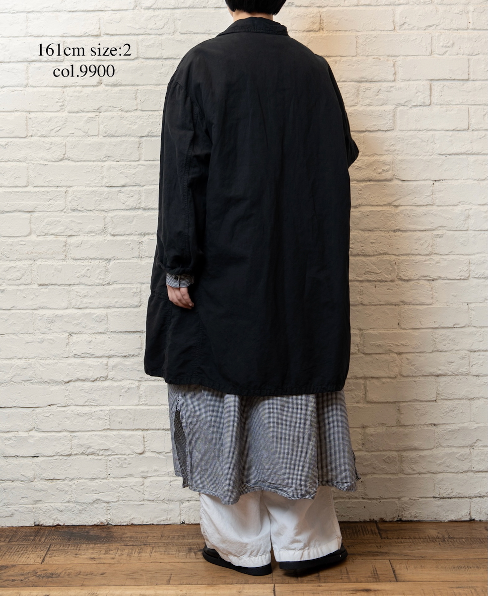 ISNAM2602D(ロングジャケット) LINEN COTTON PLAIN OVERDYE ROUND COLLAR DOUBLE LONG JACKET
