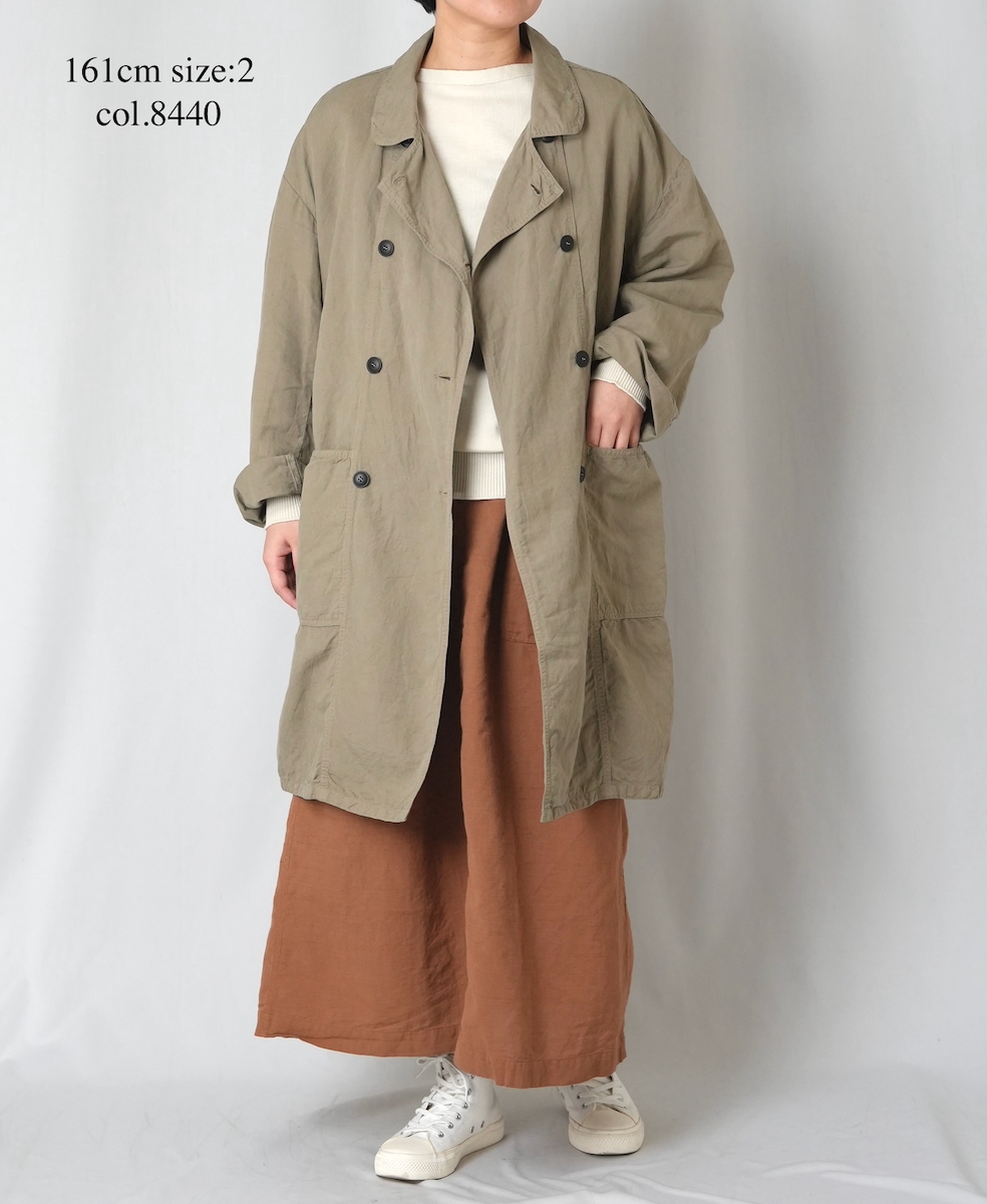 ISNAM2602D(ロングジャケット) LINEN COTTON PLAIN OVERDYE ROUND COLLAR DOUBLE LONG JACKET