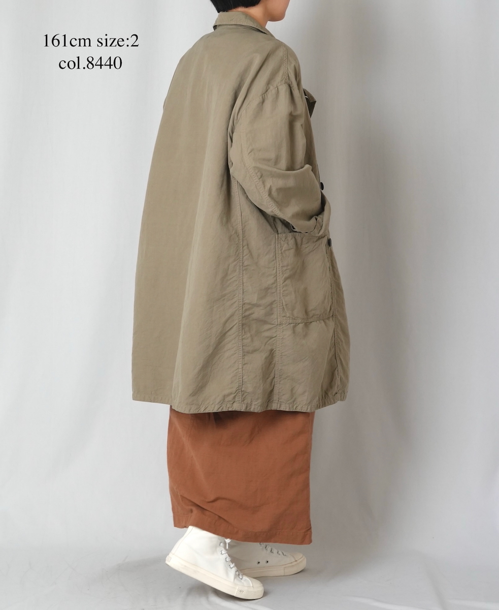 ISNAM2602D(ロングジャケット) LINEN COTTON PLAIN OVERDYE ROUND COLLAR DOUBLE LONG JACKET