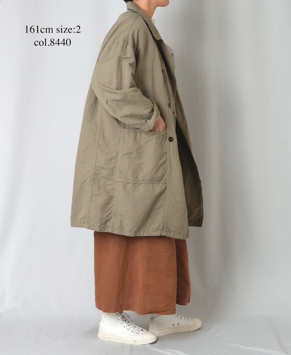 ISNAM2602D(ロングジャケット) LINEN COTTON PLAIN OVERDYE ROUND COLLAR DOUBLE LONG JACKET