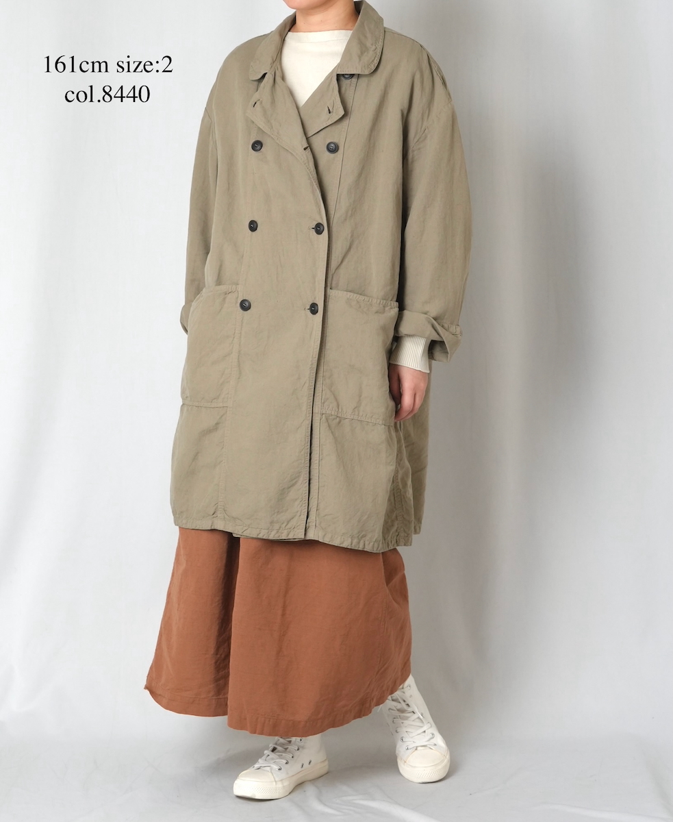 ISNAM2602D(ロングジャケット) LINEN COTTON PLAIN OVERDYE ROUND COLLAR DOUBLE LONG JACKET
