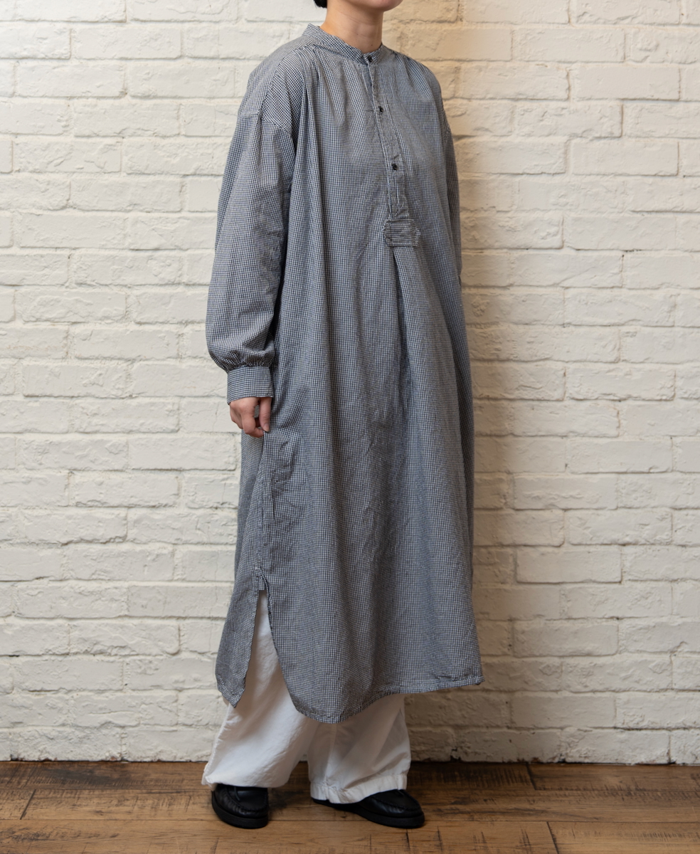 INAM2633C(ワンピース) SEERSUCKER GINGHAM CHECK WASH WORK GATHERED BANDED COLLAR DRESS SHIRT