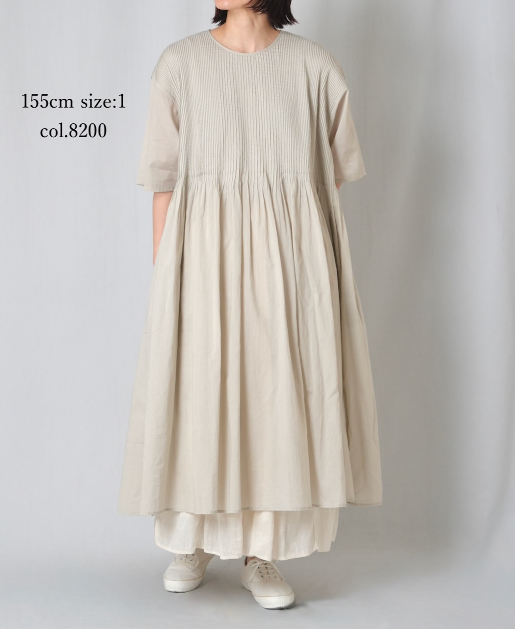 NMDS26243(ワンピース) 80s ORGANIC COTTON VOILE CREW-NECK HALF/SLEEVE DRESS WITH MINI PINTUCK