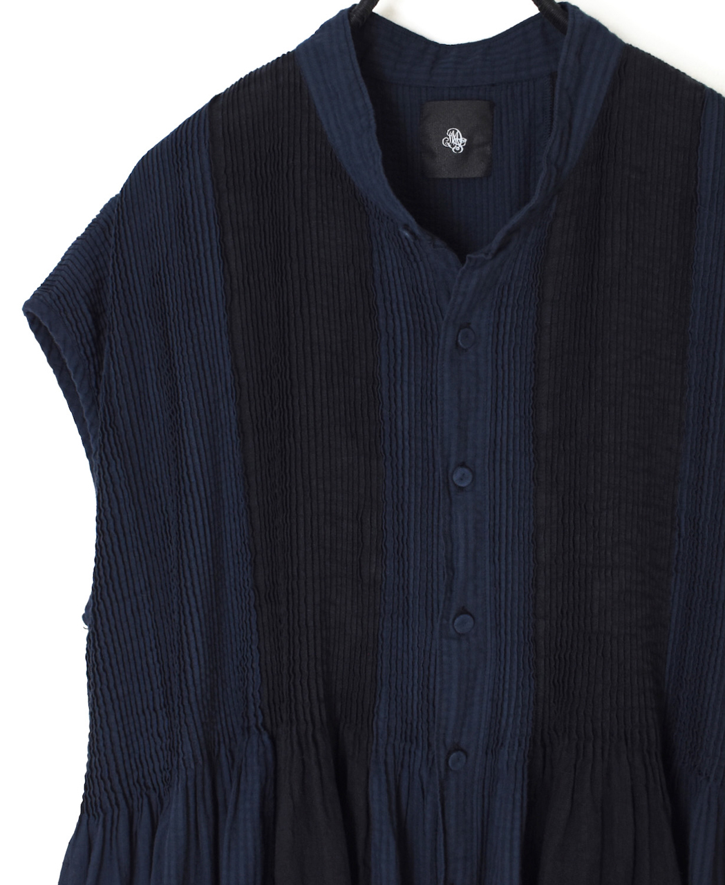 NMDS26264D(ワンピース) 80s ORGANIC COTTON/80s LINEN PATCHWORK OVERDYE BANDED FRENCH/SLEEVE SHIRT DRESS WITH MINI PINTUCK