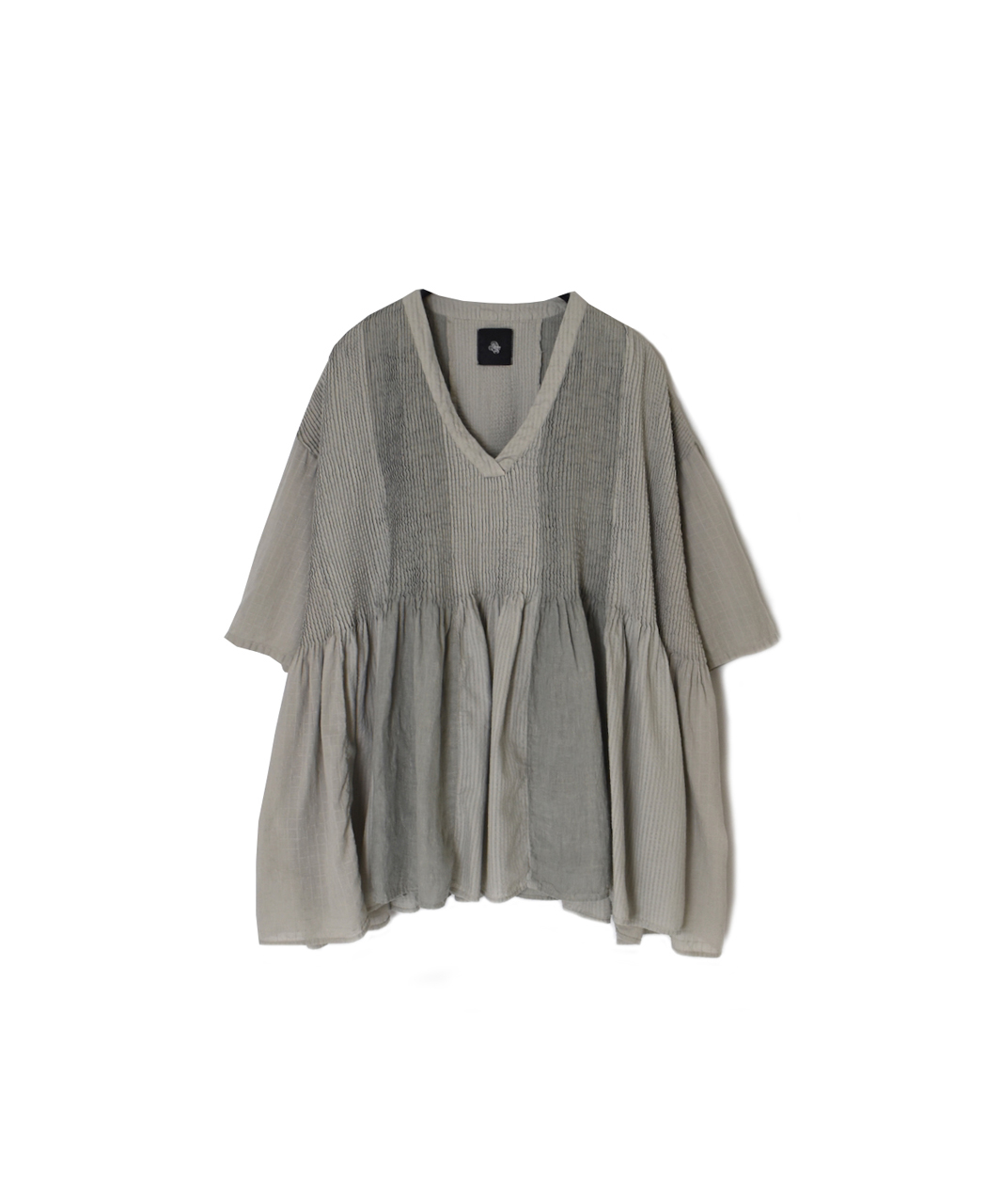 NMDS26262D(シャツ) 80s ORGANIC COTTON/80s LINEN PATCHWORK OVERDYE V-NECK S/SLEEVE SHIRT WITH MINI PINTUCK