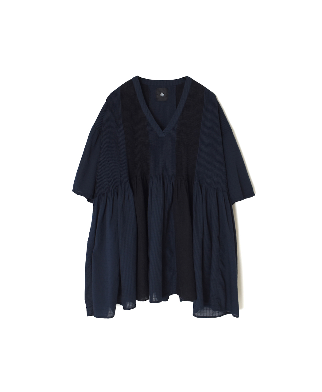 NMDS26262D(シャツ) 80s ORGANIC COTTON/80s LINEN PATCHWORK OVERDYE V-NECK S/SLEEVE SHIRT WITH MINI PINTUCK