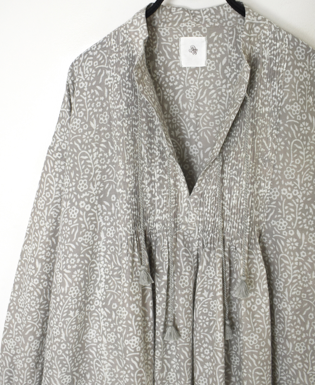 INMDS26102(チュニック) 80s COTTON FLOWER BLOCK PRINT BANDED COLLAR MINI PINTUCK TUNIC