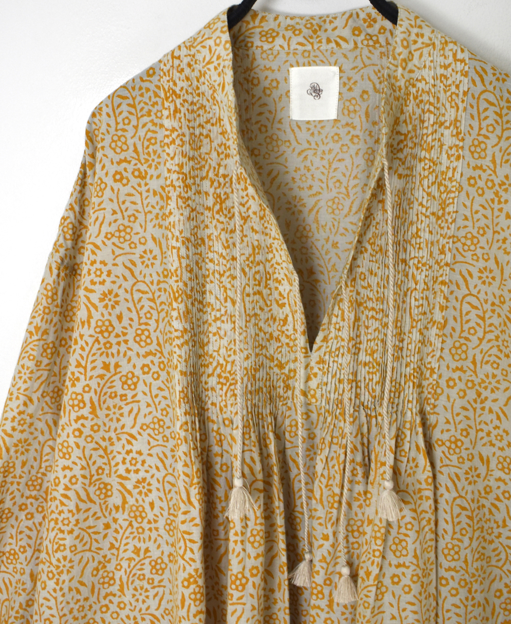 INMDS26102(チュニック) 80s COTTON FLOWER BLOCK PRINT BANDED COLLAR MINI PINTUCK TUNIC