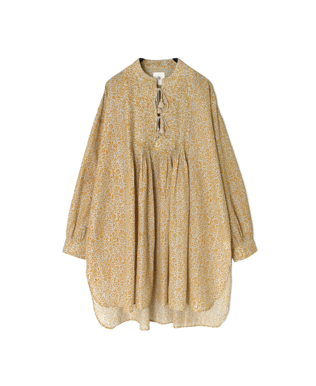 INMDS26102(チュニック) 80s COTTON FLOWER BLOCK PRINT BANDED COLLAR MINI PINTUCK TUNIC