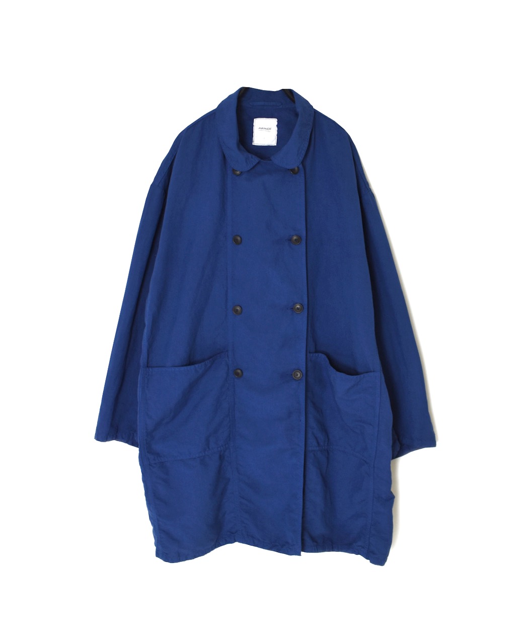 ISNAM2602D(ロングジャケット) LINEN COTTON PLAIN OVERDYE ROUND COLLAR DOUBLE LONG JACKET