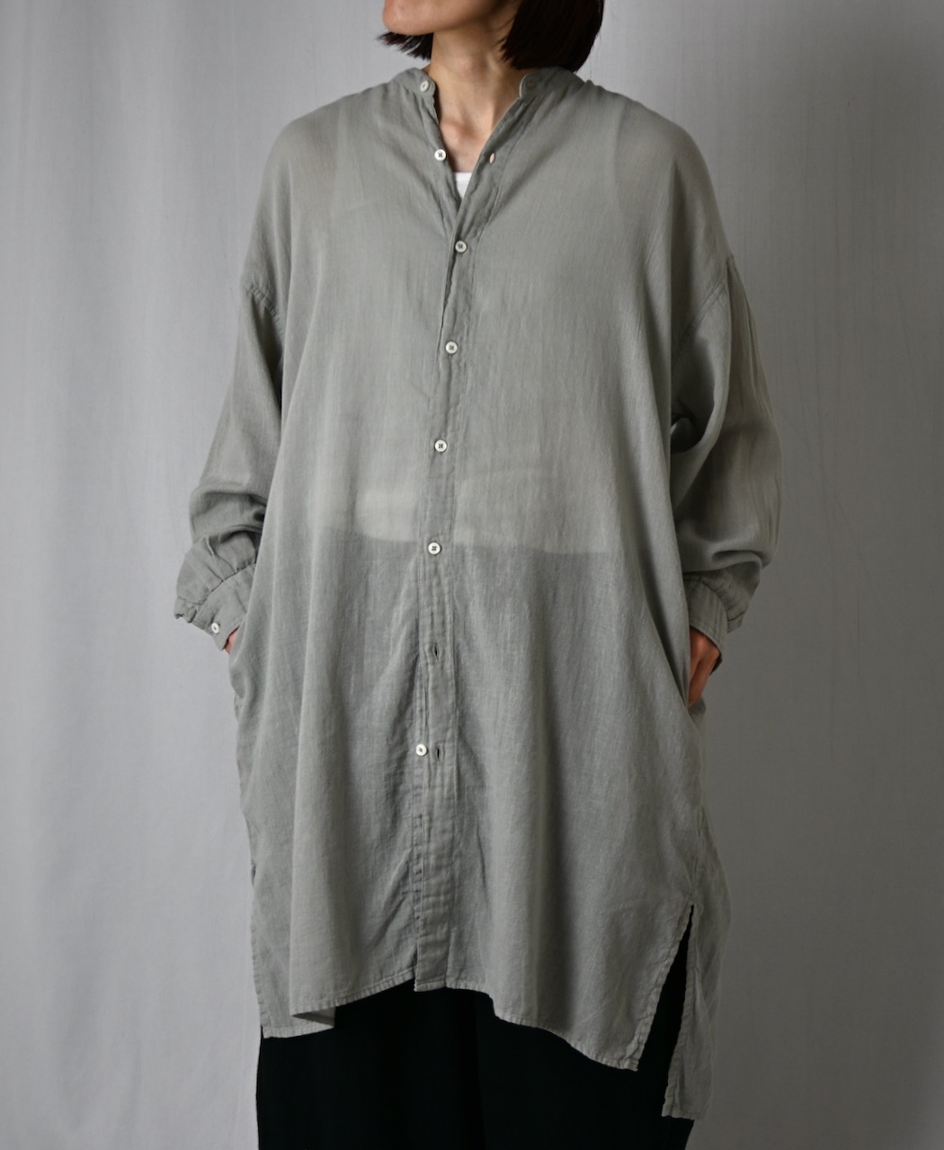 INAM2503G3D(シャツ) 30s GAUZE OVERDYE UTILITY BANDED COLLAR LONG SHIRT