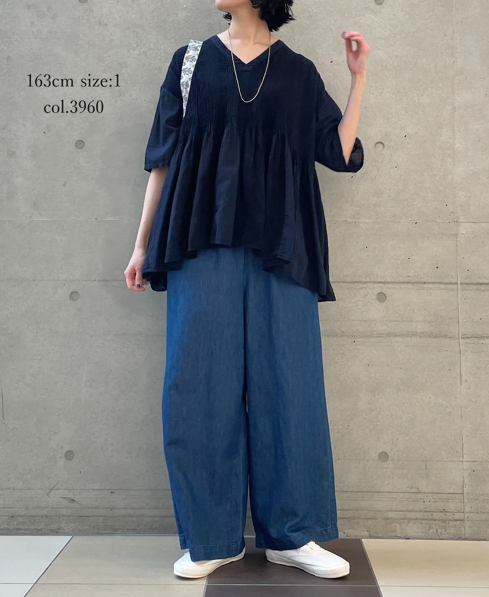 NMDS26262D(シャツ) 80s ORGANIC COTTON/80s LINEN PATCHWORK OVERDYE V-NECK S/SLEEVE SHIRT WITH MINI PINTUCK