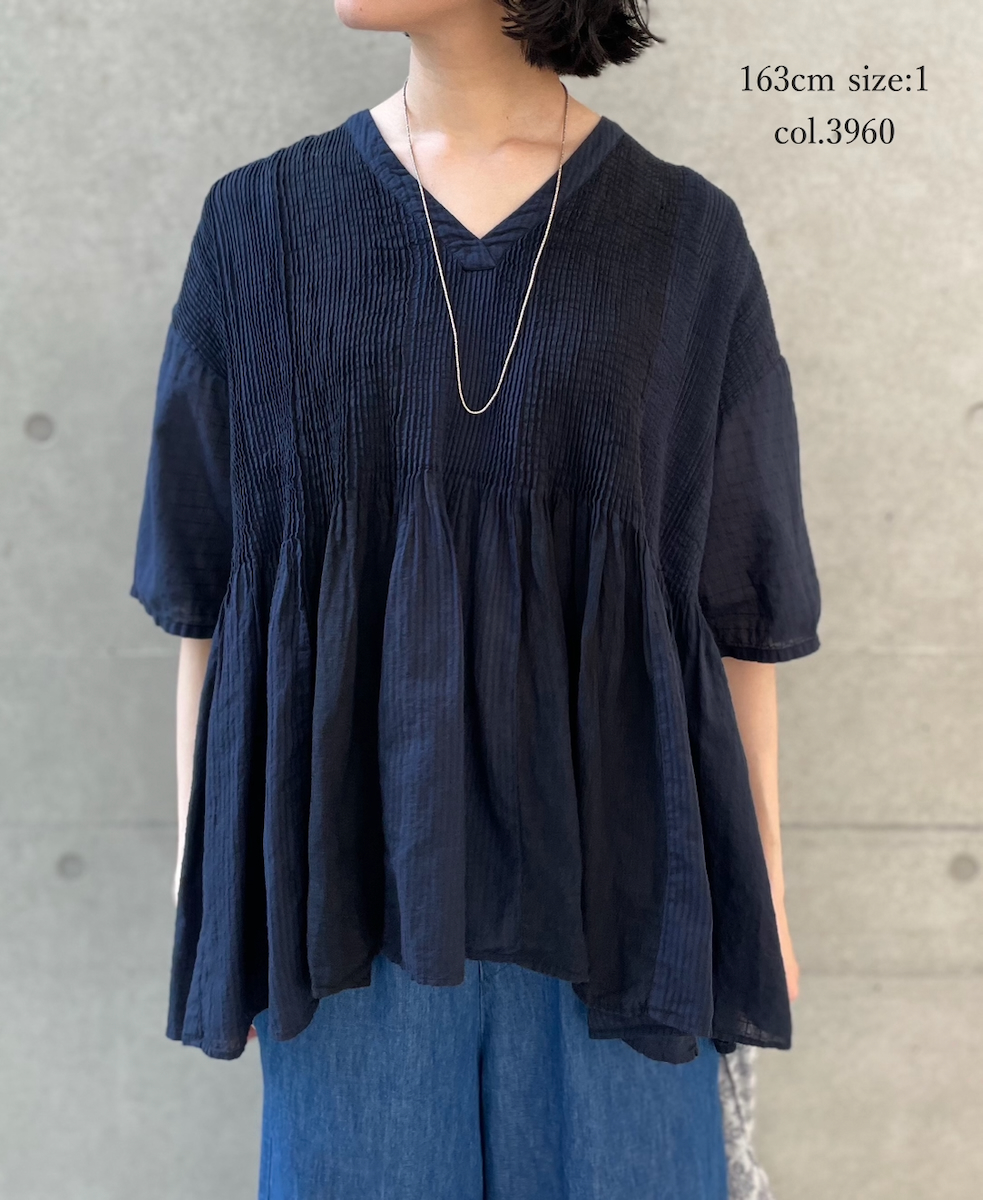 NMDS26262D(シャツ) 80s ORGANIC COTTON/80s LINEN PATCHWORK OVERDYE V-NECK S/SLEEVE SHIRT WITH MINI PINTUCK