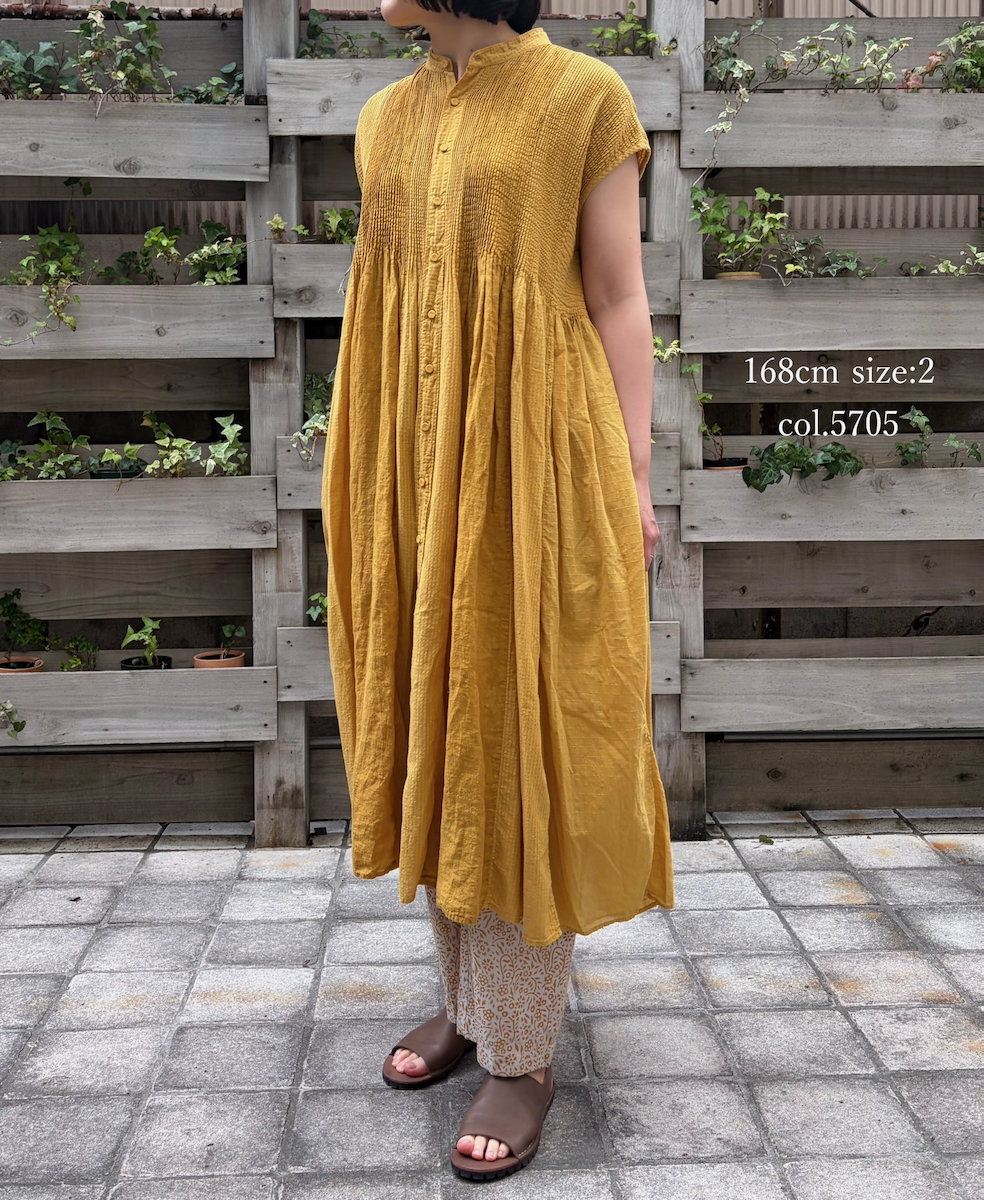 NMDS26264D(ワンピース) 80s ORGANIC COTTON/80s LINEN PATCHWORK OVERDYE BANDED FRENCH/SLEEVE SHIRT DRESS WITH MINI PINTUCK