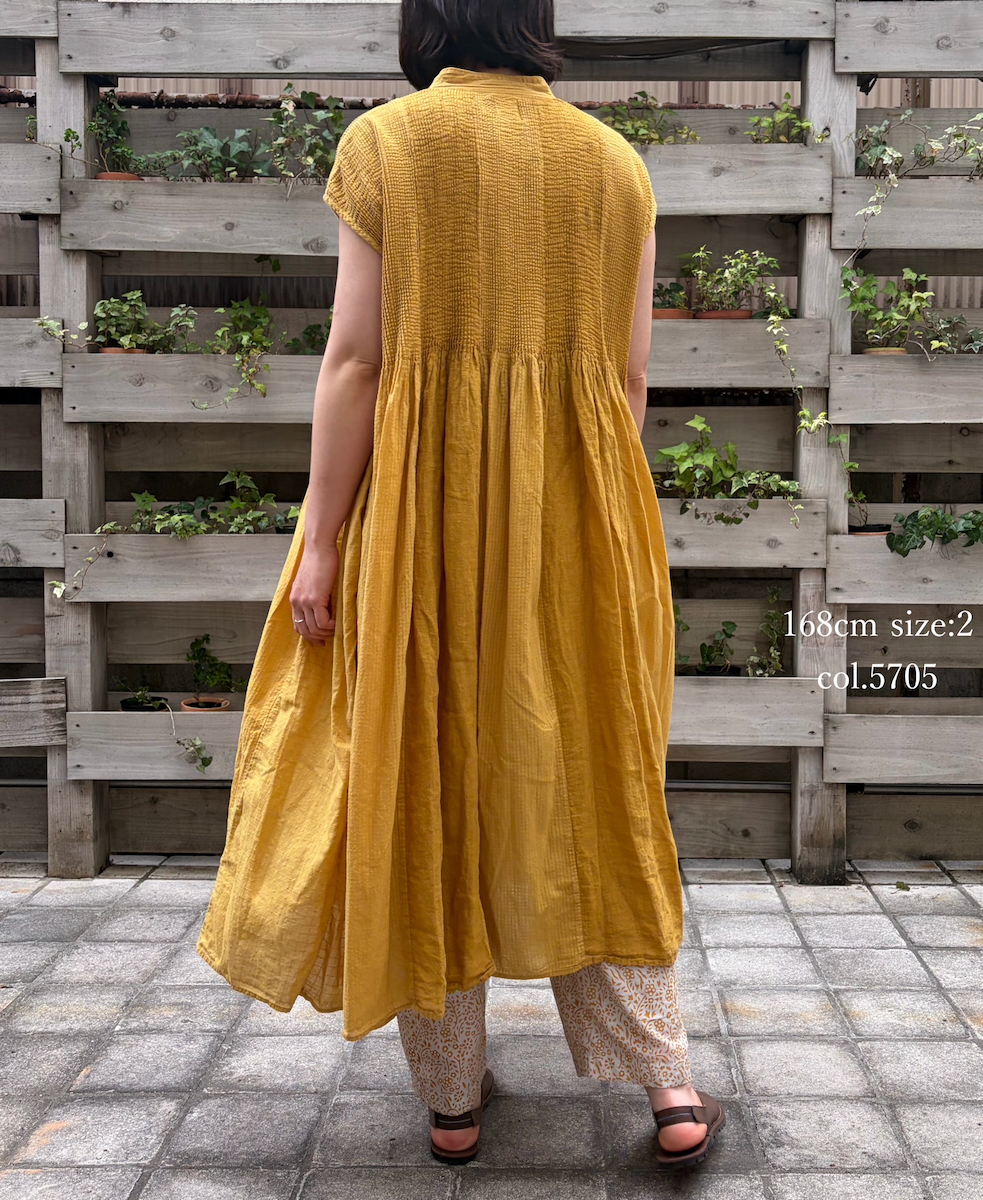 NMDS26264D(ワンピース) 80s ORGANIC COTTON/80s LINEN PATCHWORK OVERDYE BANDED FRENCH/SLEEVE SHIRT DRESS WITH MINI PINTUCK