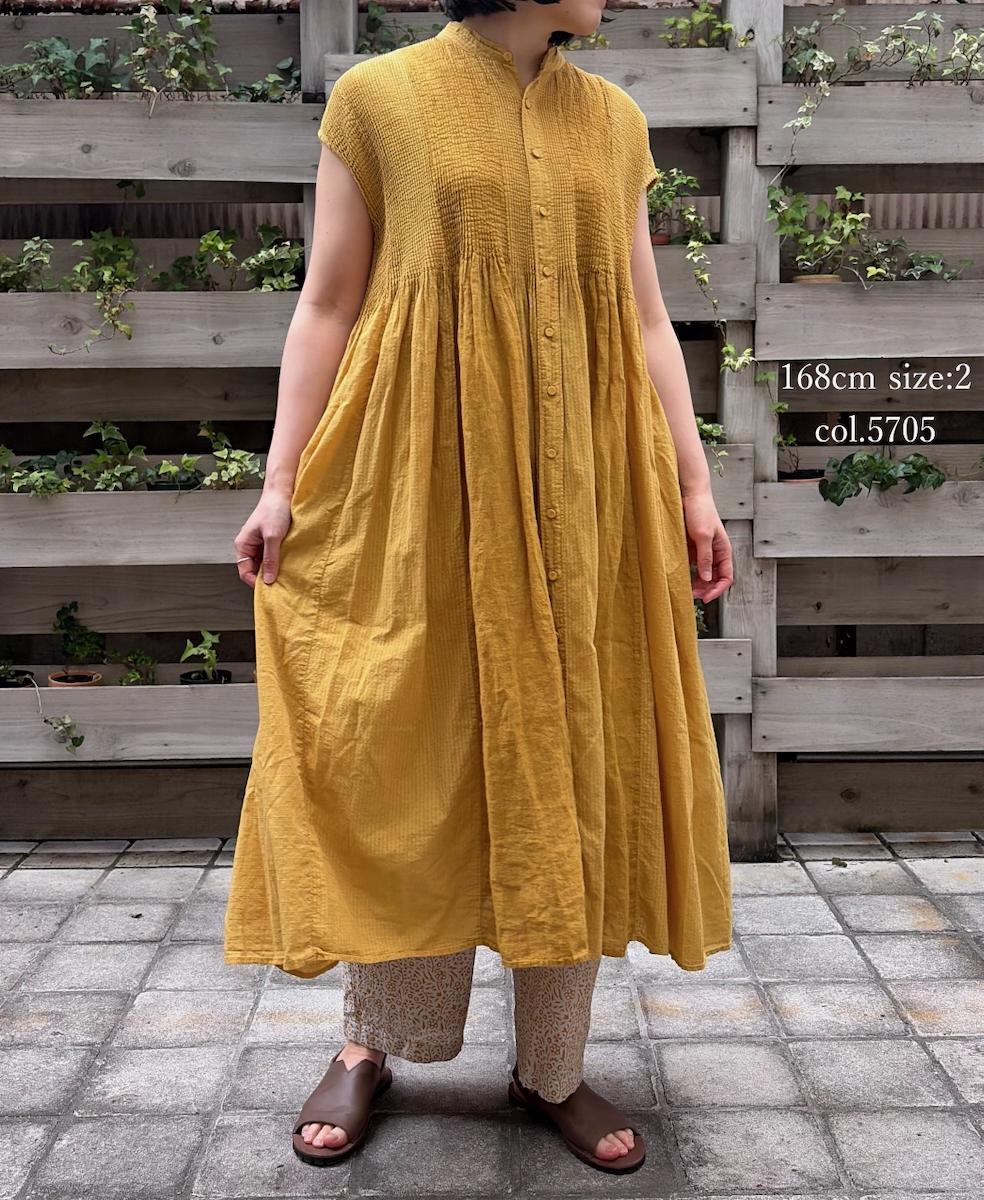 NMDS26264D(ワンピース) 80s ORGANIC COTTON/80s LINEN PATCHWORK OVERDYE BANDED FRENCH/SLEEVE SHIRT DRESS WITH MINI PINTUCK