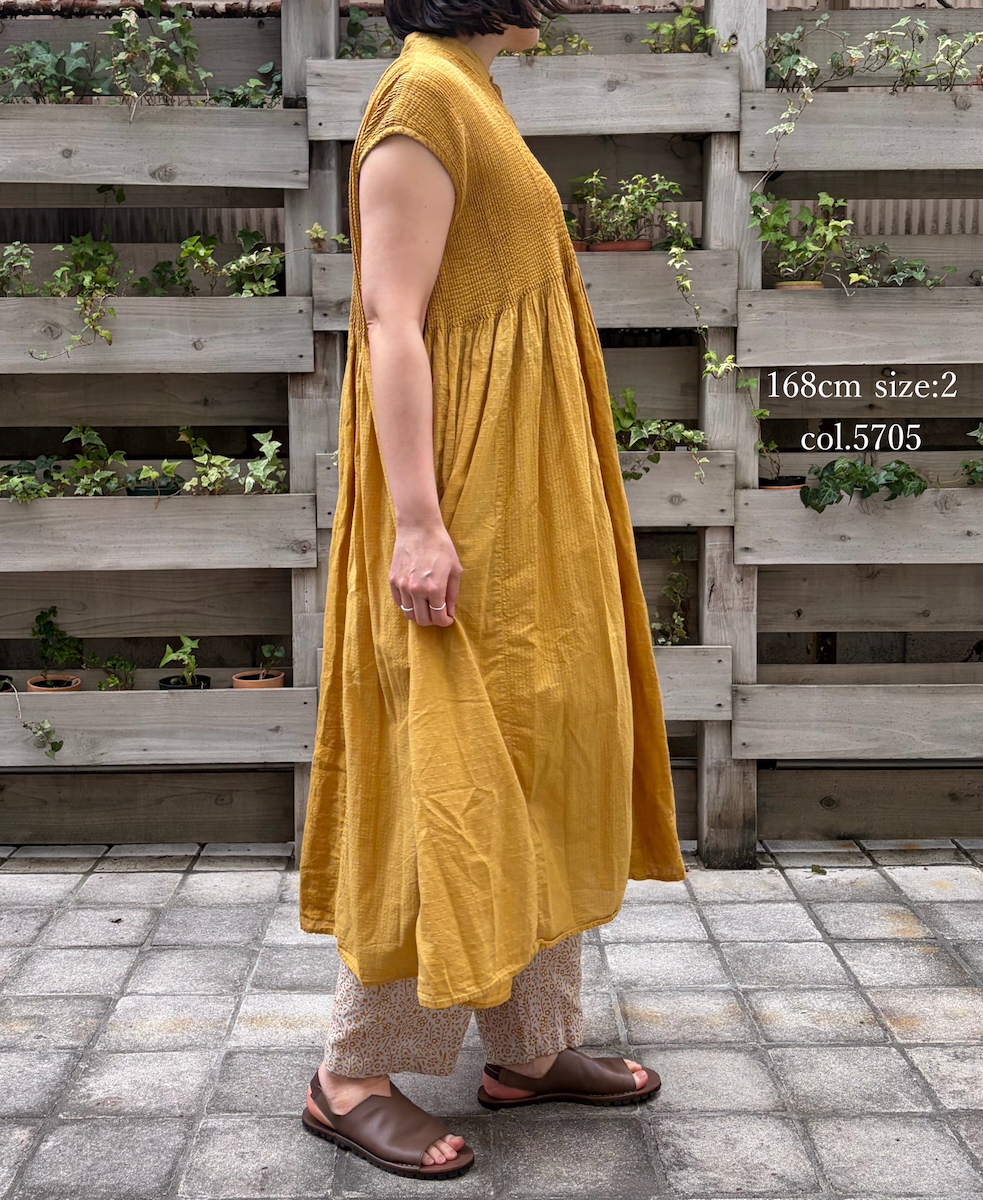 NMDS26264D(ワンピース) 80s ORGANIC COTTON/80s LINEN PATCHWORK OVERDYE BANDED FRENCH/SLEEVE SHIRT DRESS WITH MINI PINTUCK