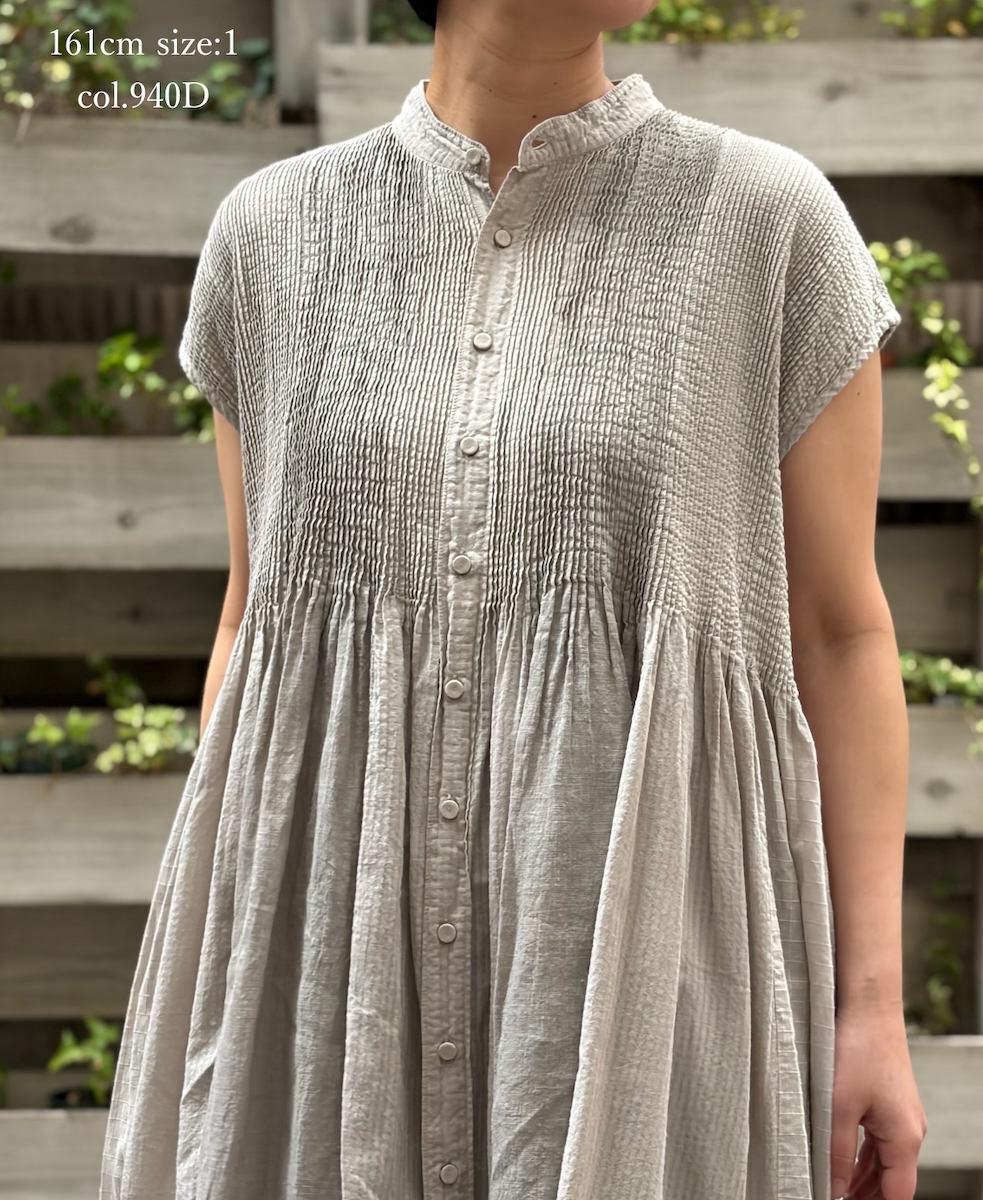 NMDS26264D(ワンピース) 80s ORGANIC COTTON/80s LINEN PATCHWORK OVERDYE BANDED FRENCH/SLEEVE SHIRT DRESS WITH MINI PINTUCK