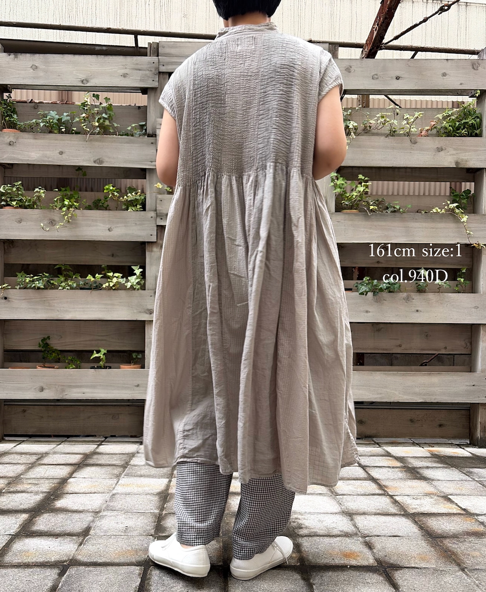 NMDS26264D(ワンピース) 80s ORGANIC COTTON/80s LINEN PATCHWORK OVERDYE BANDED FRENCH/SLEEVE SHIRT DRESS WITH MINI PINTUCK