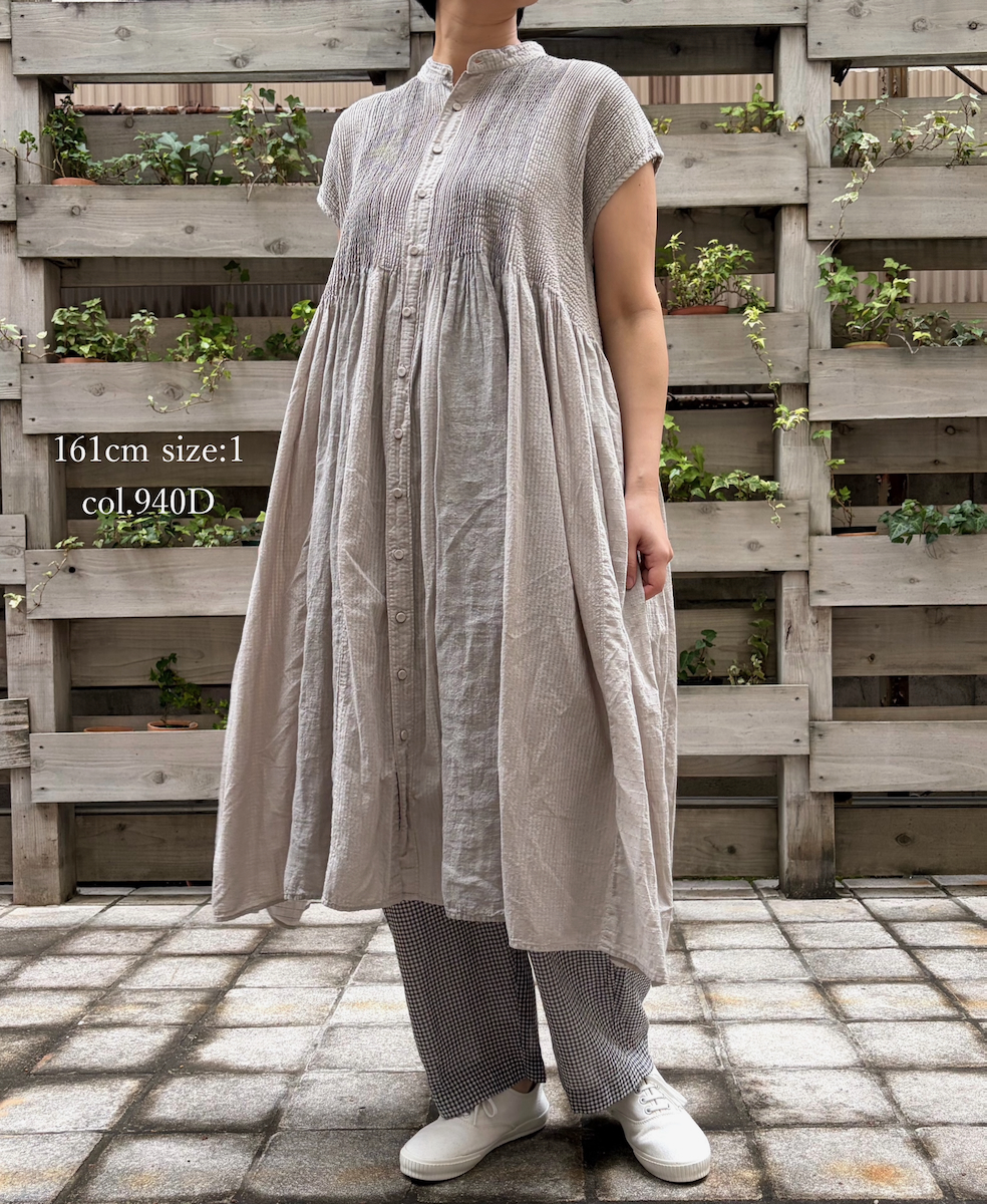 NMDS26264D(ワンピース) 80s ORGANIC COTTON/80s LINEN PATCHWORK OVERDYE BANDED FRENCH/SLEEVE SHIRT DRESS WITH MINI PINTUCK