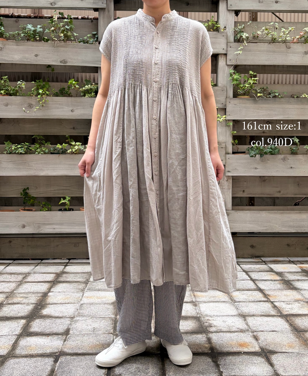 NMDS26264D(ワンピース) 80s ORGANIC COTTON/80s LINEN PATCHWORK OVERDYE BANDED FRENCH/SLEEVE SHIRT DRESS WITH MINI PINTUCK