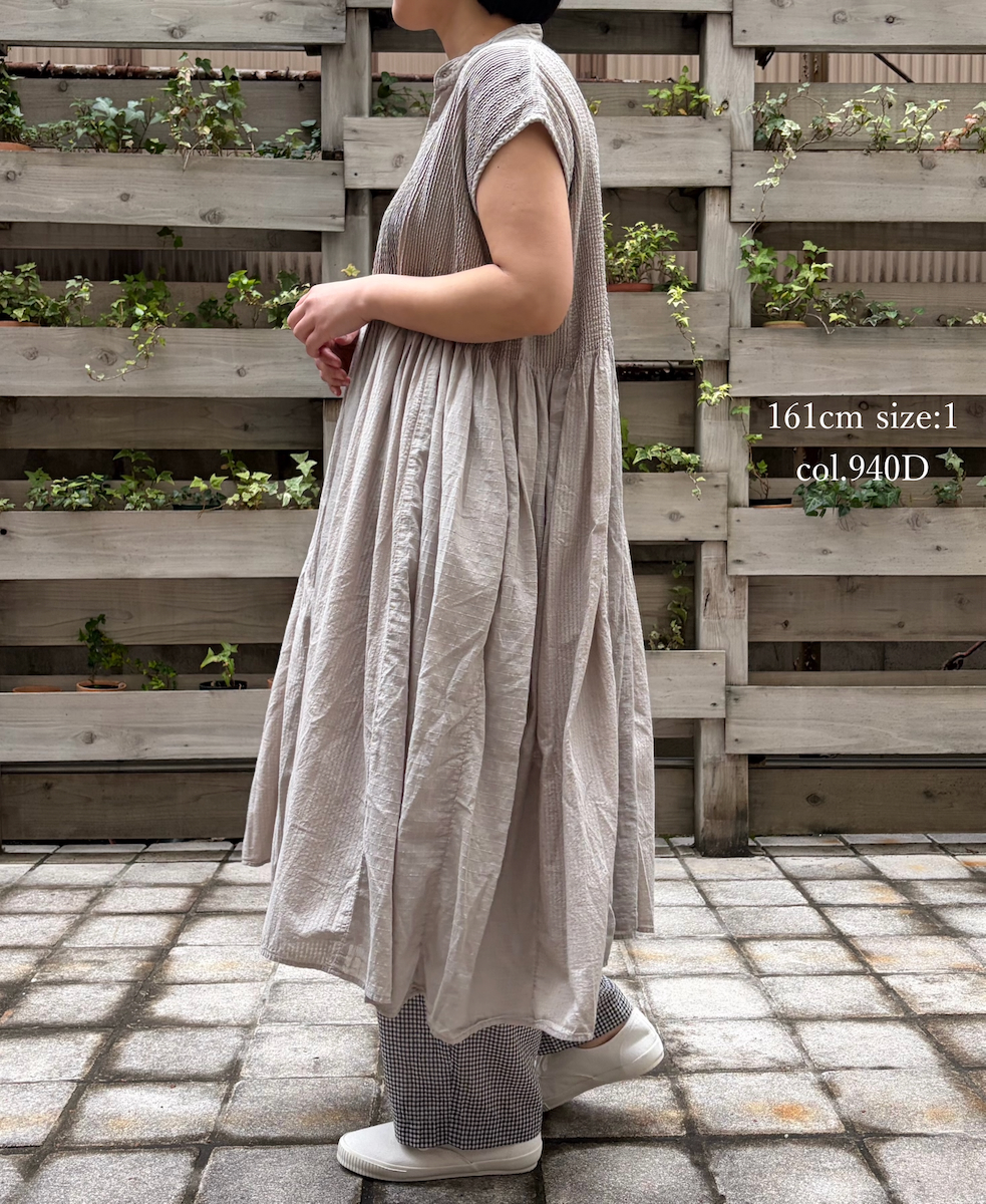 NMDS26264D(ワンピース) 80s ORGANIC COTTON/80s LINEN PATCHWORK OVERDYE BANDED FRENCH/SLEEVE SHIRT DRESS WITH MINI PINTUCK