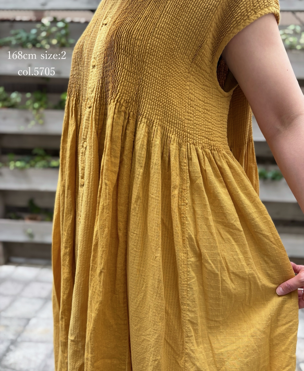 NMDS26264D(ワンピース) 80s ORGANIC COTTON/80s LINEN PATCHWORK OVERDYE BANDED FRENCH/SLEEVE SHIRT DRESS WITH MINI PINTUCK