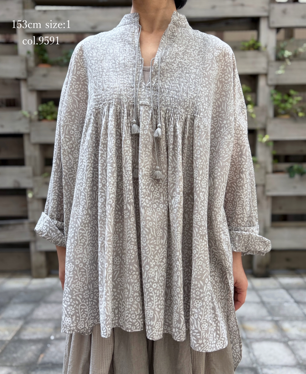 INMDS26102(チュニック) 80s COTTON FLOWER BLOCK PRINT BANDED COLLAR MINI PINTUCK TUNIC