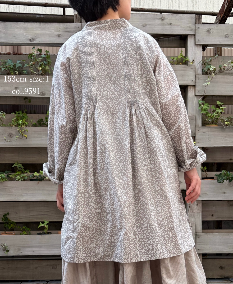 INMDS26102(チュニック) 80s COTTON FLOWER BLOCK PRINT BANDED COLLAR MINI PINTUCK TUNIC