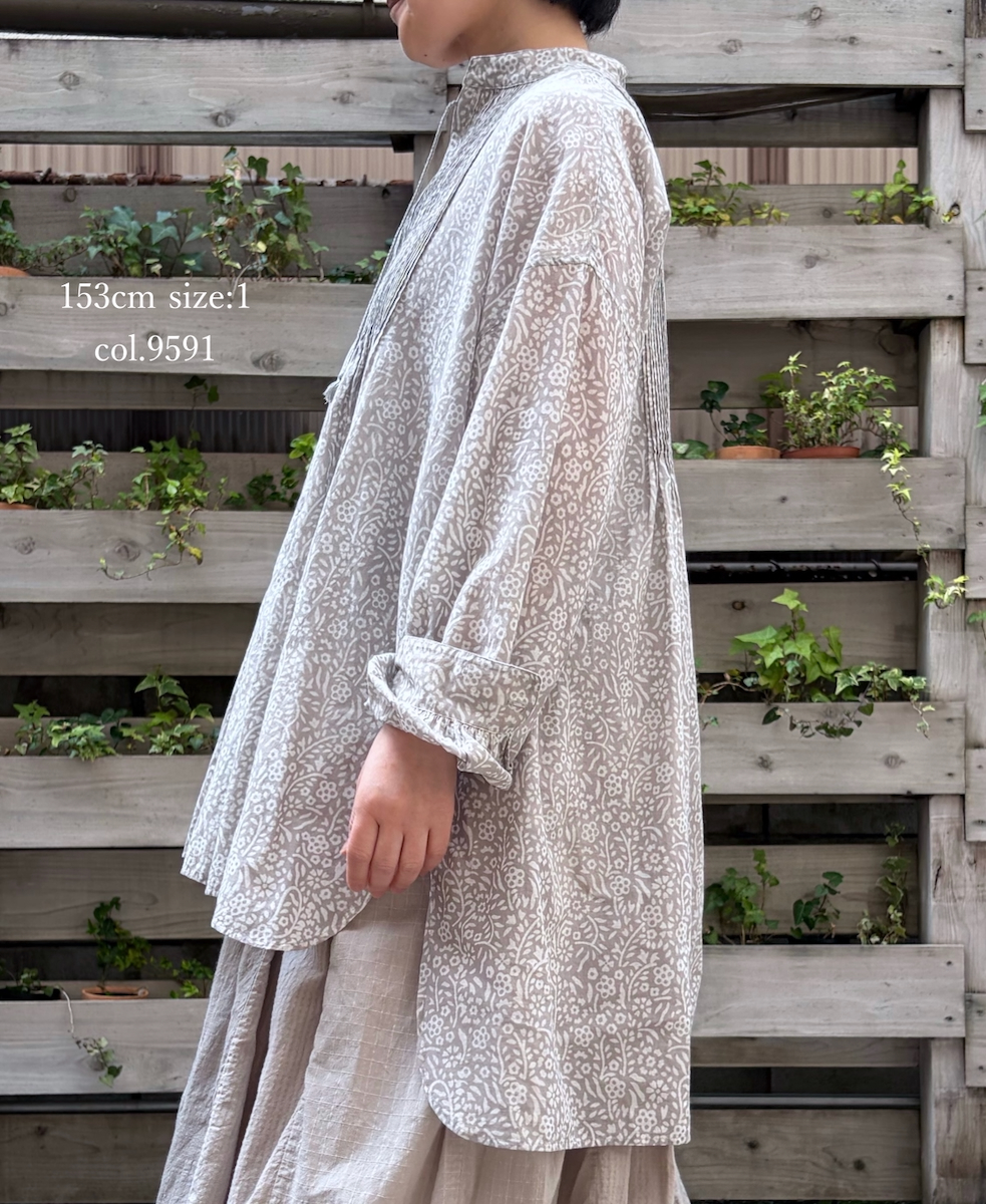 INMDS26102(チュニック) 80s COTTON FLOWER BLOCK PRINT BANDED COLLAR MINI PINTUCK TUNIC