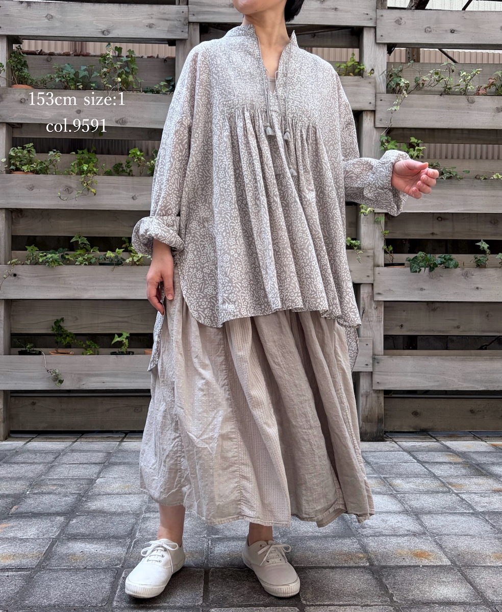 INMDS26102(チュニック) 80s COTTON FLOWER BLOCK PRINT BANDED COLLAR MINI PINTUCK TUNIC