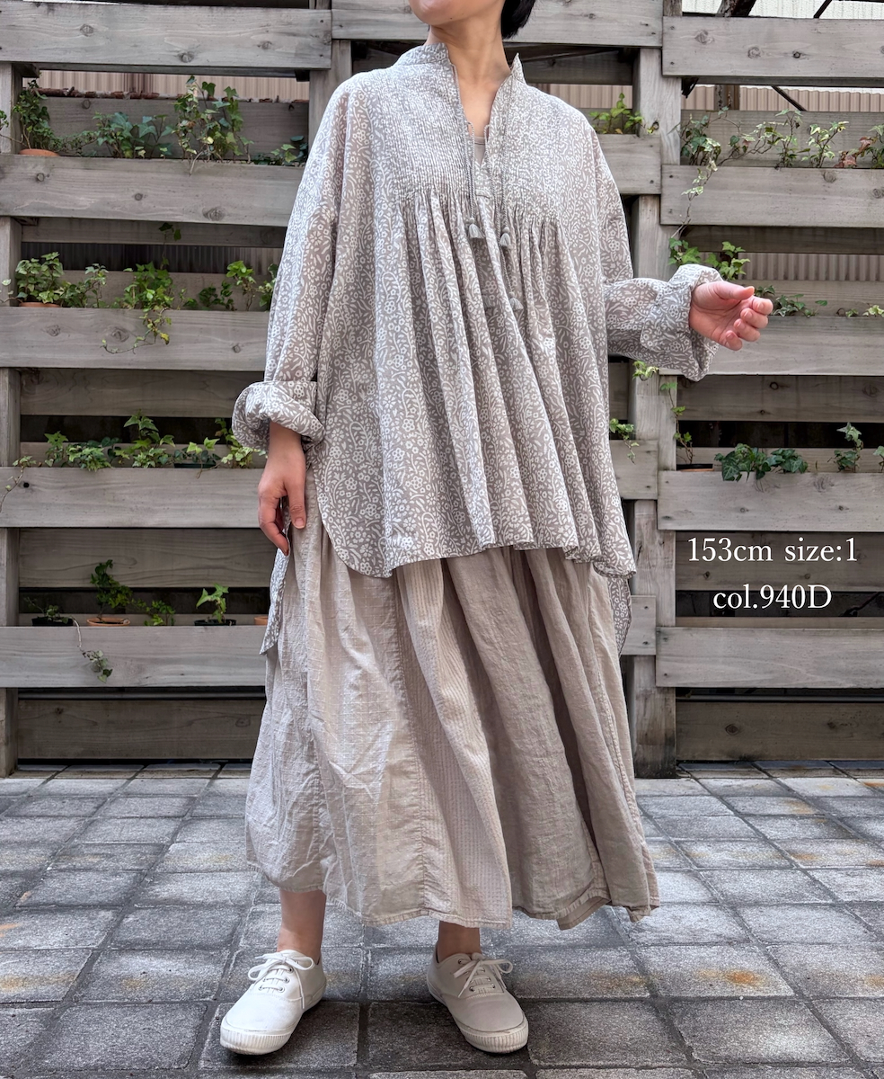 NMDS26265D(スカート) 80s ORGANIC COTTON/80s LINEN PATCHWORK OVERDYE RAJASTHAN TUCK GATHERED SKIRT